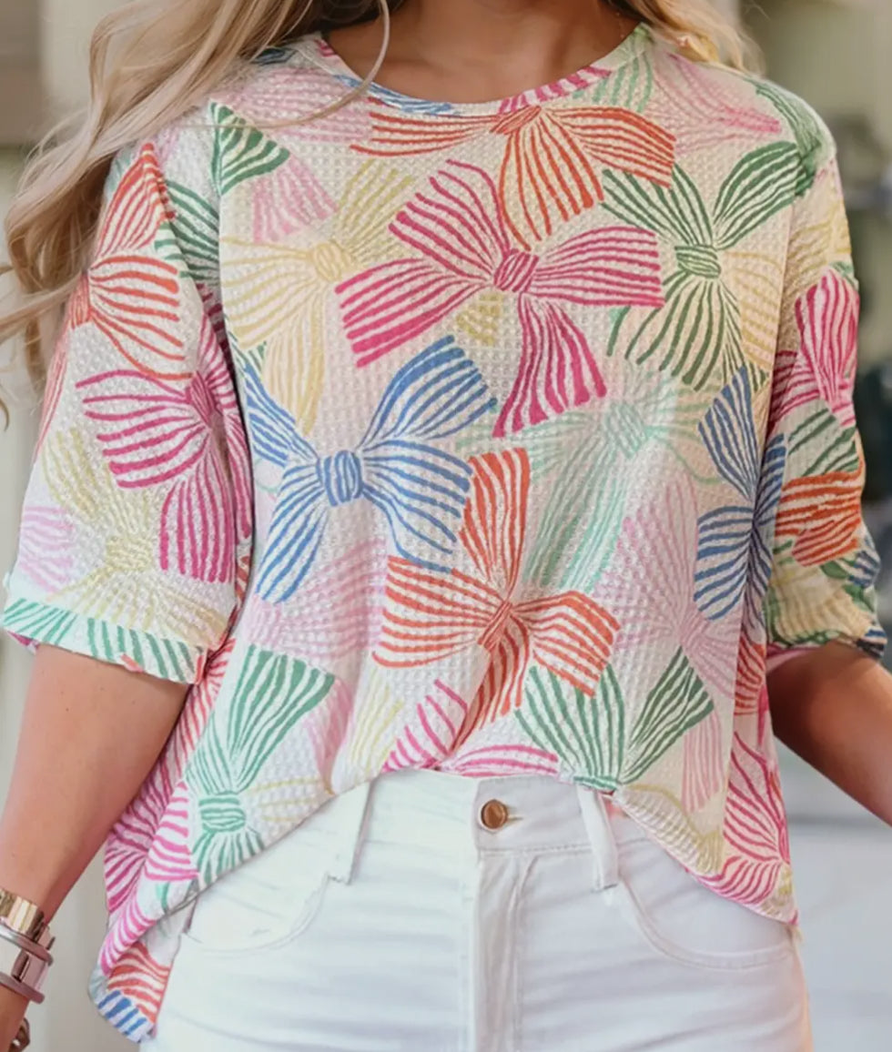 bow waffle short sleeve top