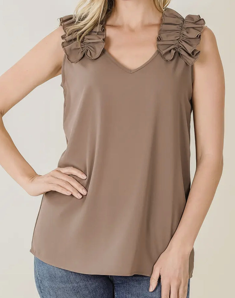 mocha ruffle trim sleeveless top