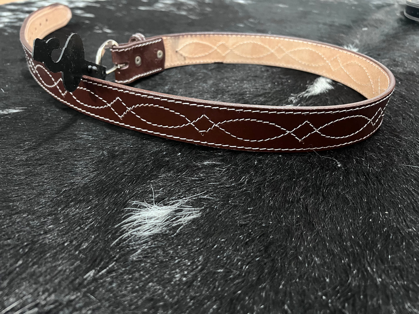 brown white stitch belt