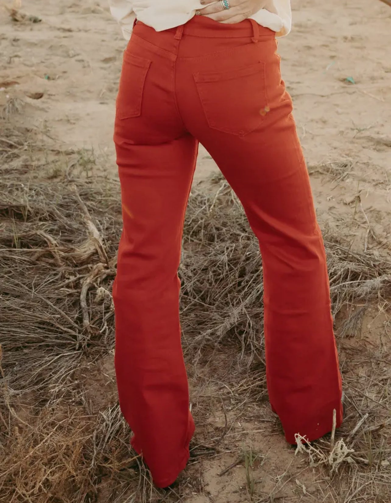 red denim jeans