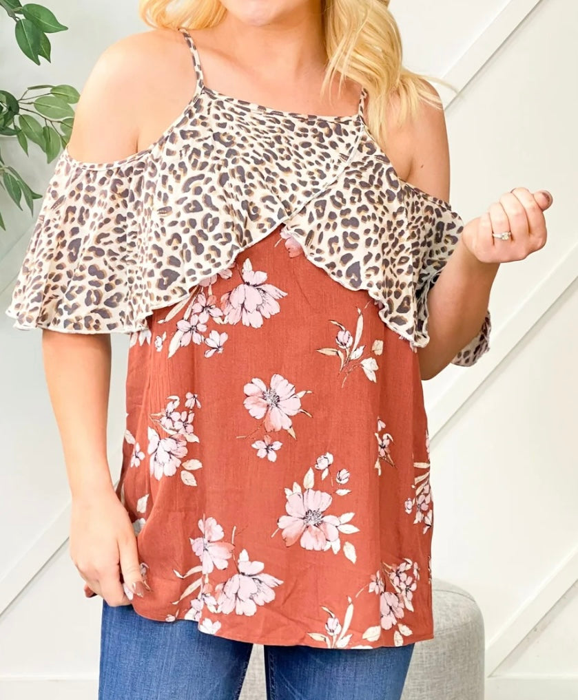 leopard open shoulder burnt orange floral top