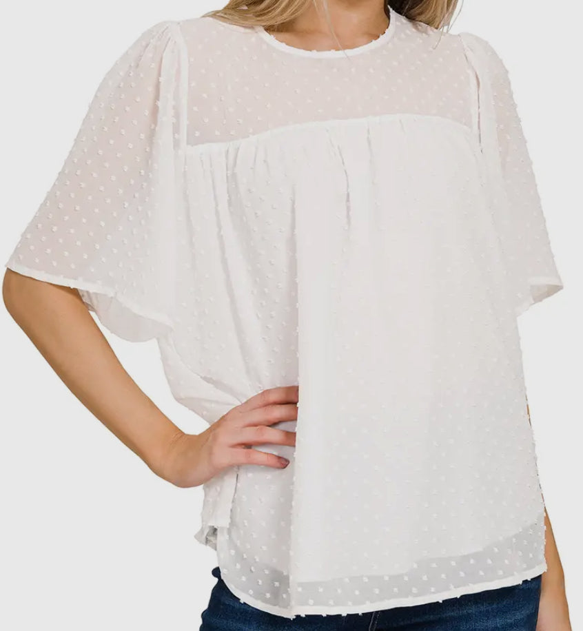 dot puff sleeve mesh top border shirt