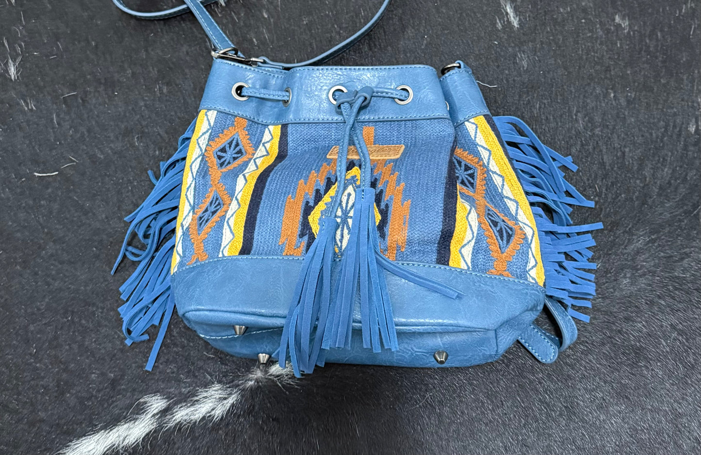 blue aztec fringe wrangler bag