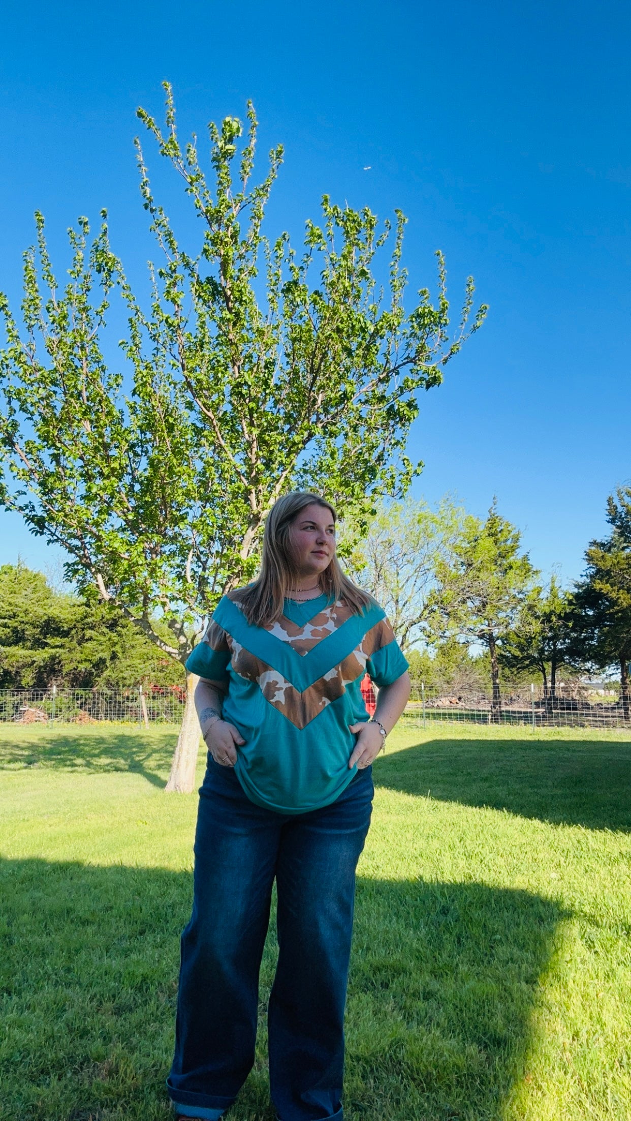Viadalia Teal + Cow V-Neck Tee