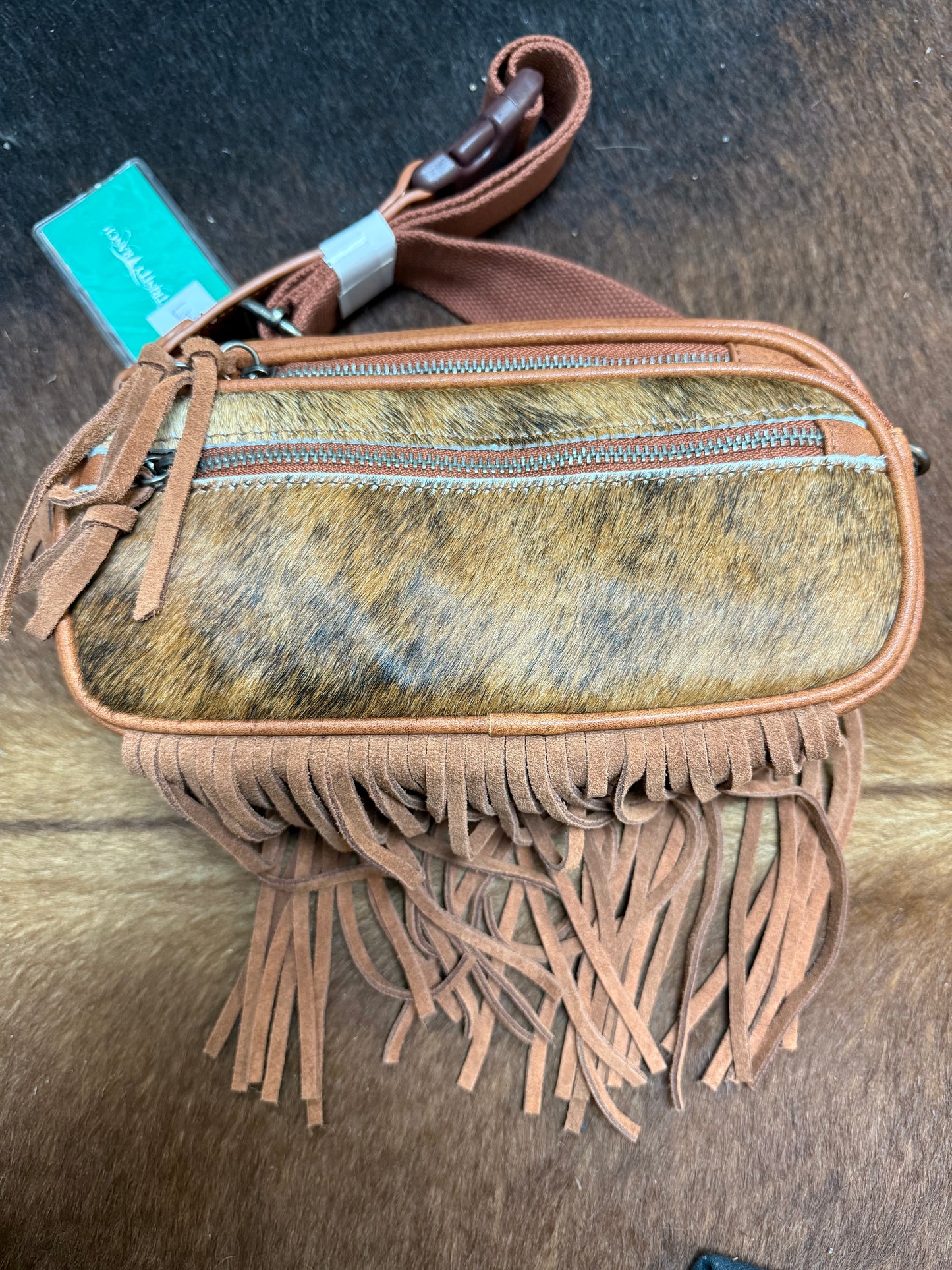 3 zipper brown cowhide purse