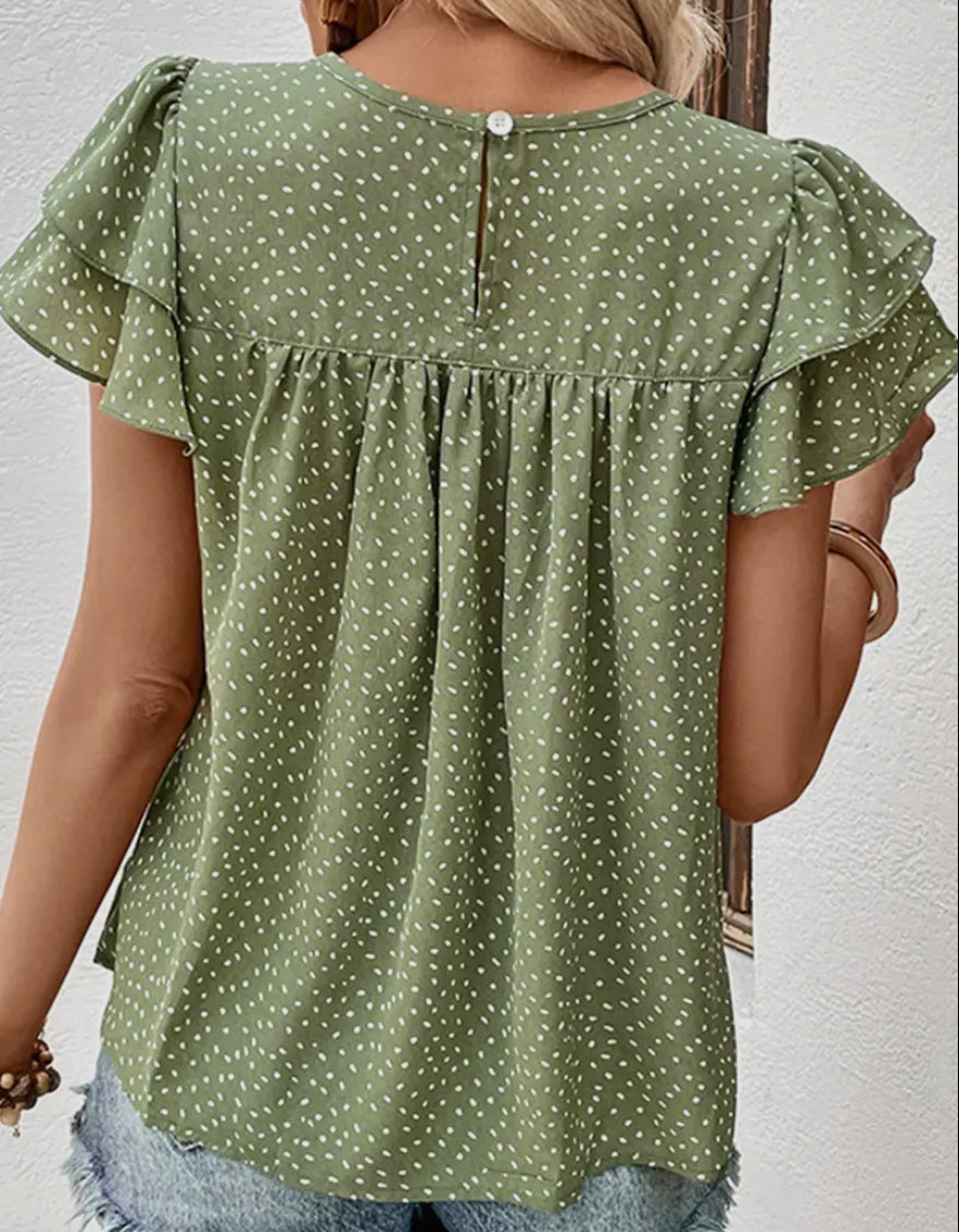ruffled green polka dot top