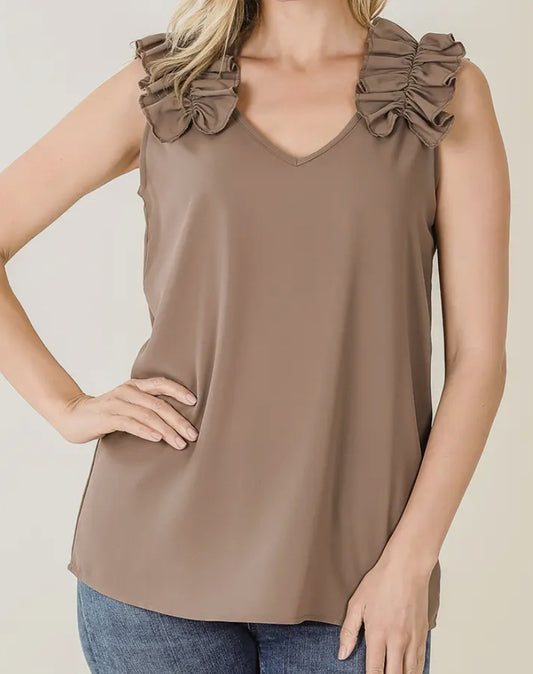 mocha ruffle trim sleeveless top