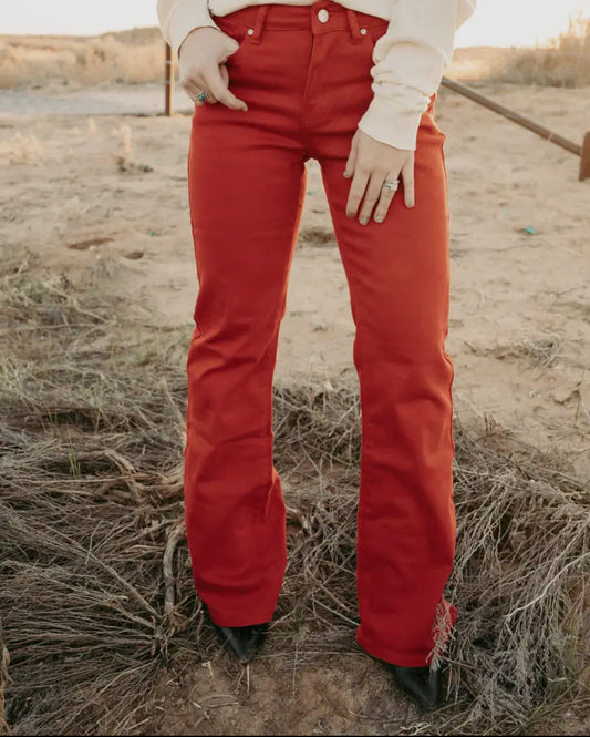 red denim jeans