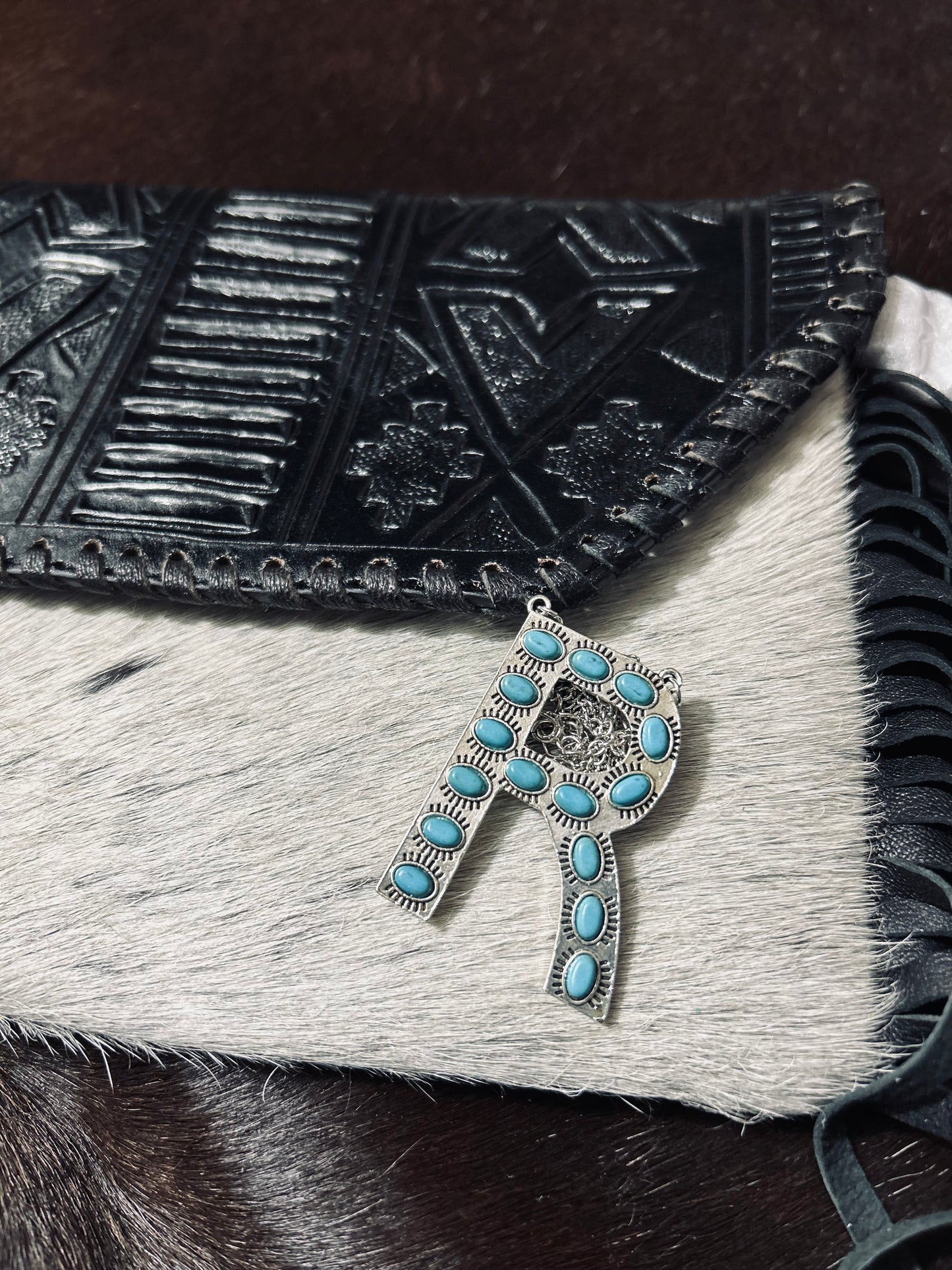 Turquoise “R” Necklace + Earrings