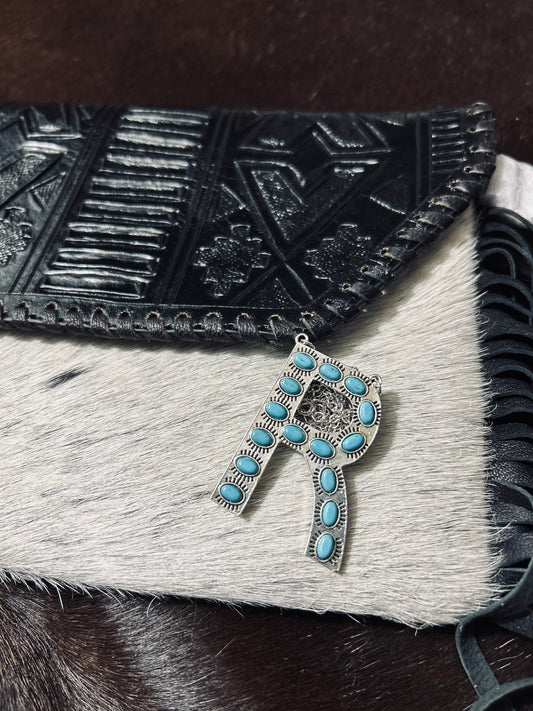 Turquoise “R” Necklace + Earrings