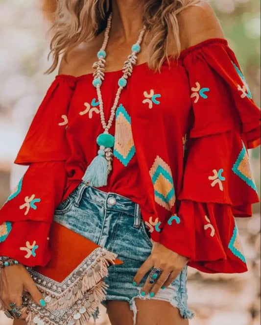 Red ruffle long sleeve blouse