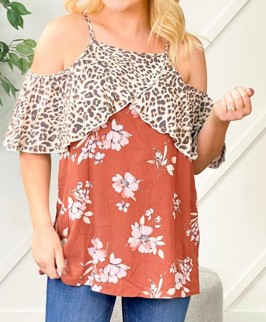 leopard open shoulder burnt orange floral top
