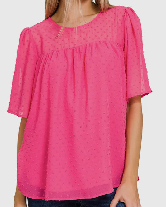 dot puff sleeve mesh top border shirt