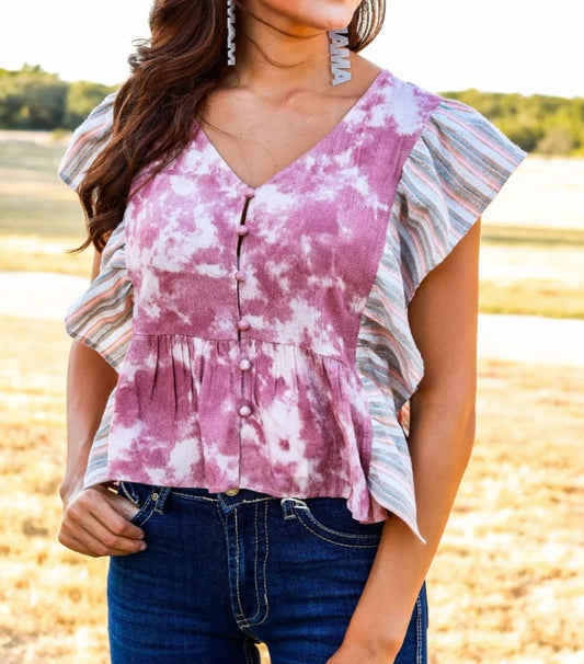 pink and green strap ruffle top