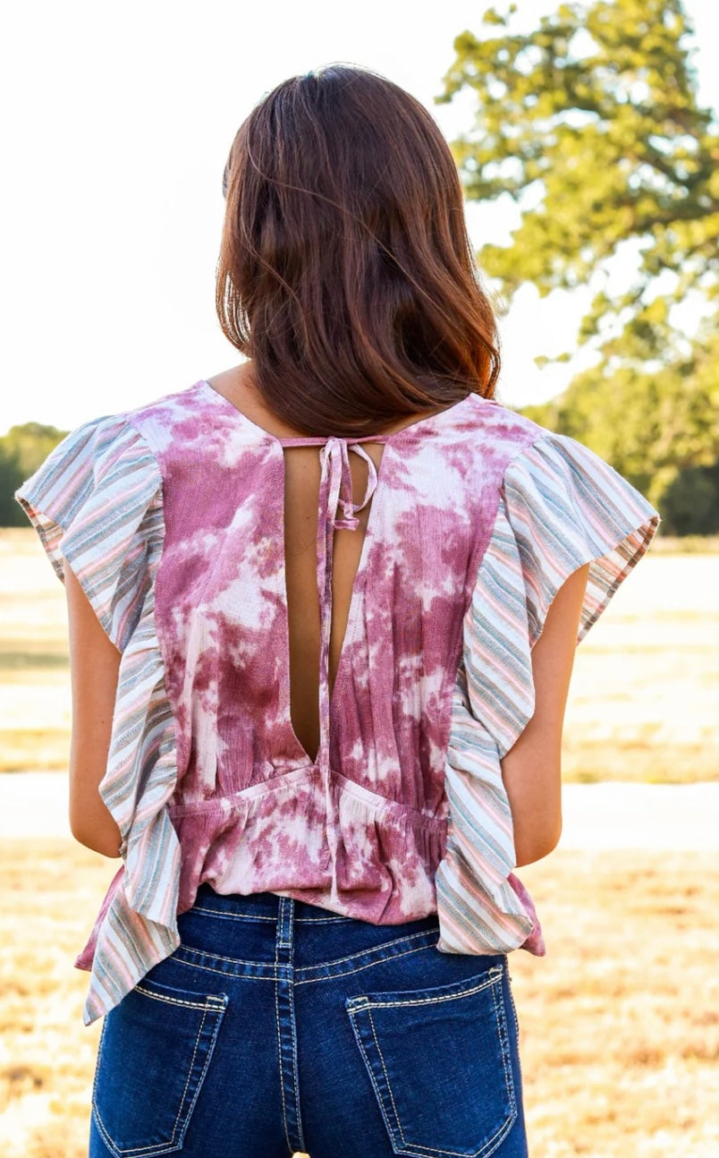 pink and green strap ruffle top