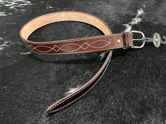 brown white stitch belt