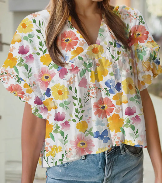 floral ruffle sleeve v neck blouse